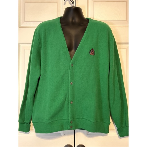 Vintage Izod Cardigan Sweater Green V-Neck Crest Logo Acrylic 1990's Preppy XL - Picture 1 of 7